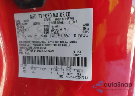 2009 Ford F-250 Xl/Xlt из США, поврежденный, VIN 1FTNF21599EA82479